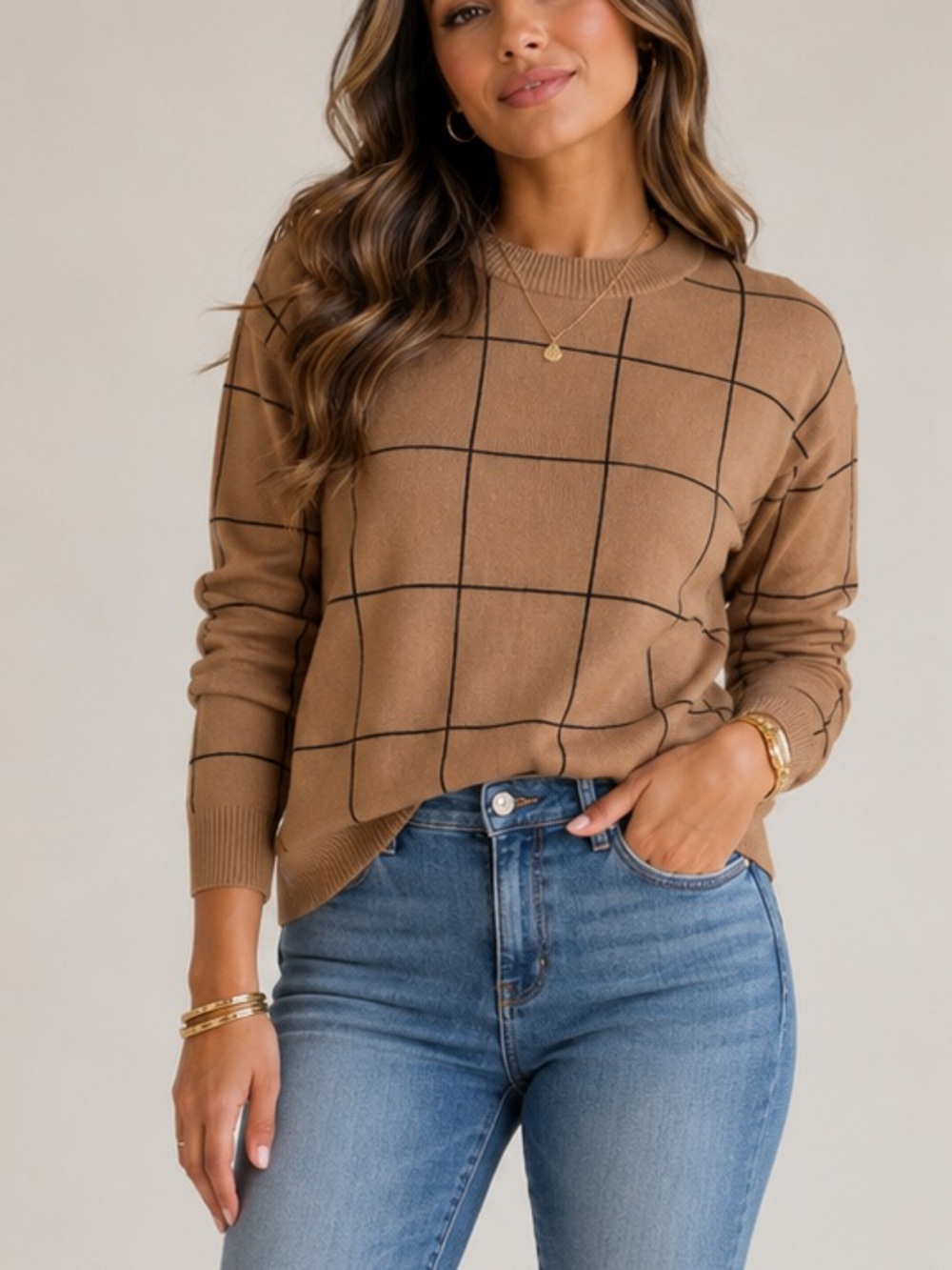 T Tahari Camel Grid-Print Sweater